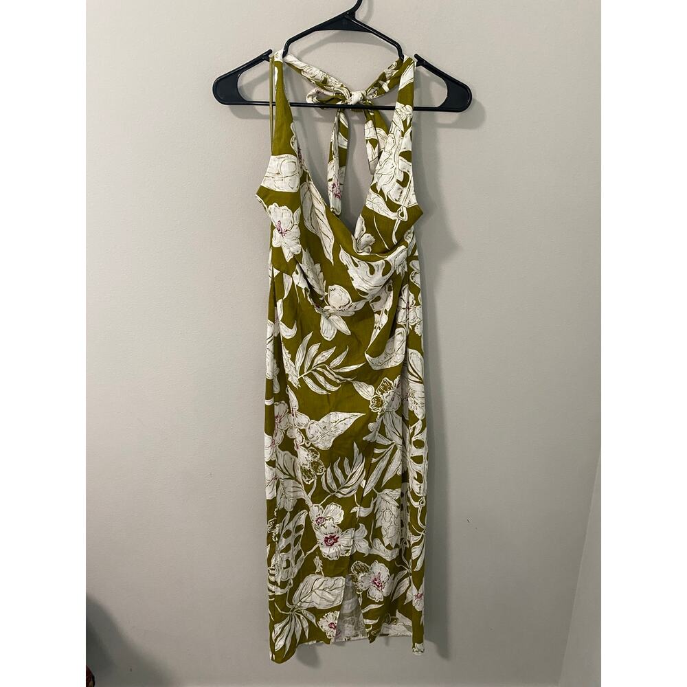 NWT Zara Tropical Floral Halter Midi Dress Olive Green Size Medium - Picture 2 of 4
